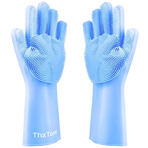 스펀지 ThxToms Reusable Silicone Dishwashing Gloves Pair Rubber Scrubbing Dishes Wash Cleaning Sponge Scrubbers Kitchen Bathroom Car Blue