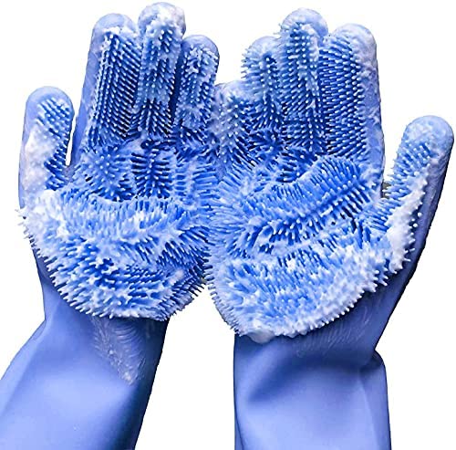 Cleaning Sponge Gloves Silicone Reusable Brush 히트 Resistant Scrubber Housework Dishwashing Kitchen Bathroom Dog Bathing Car Washing Window Cleaning. 1 Pair 13.6" Large