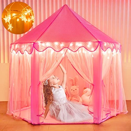 프린세스 캐슬 놀이텐트 Moncoland 공주 Castle 소녀 Play Tent 토이 어린이 Large Fairy Playhouse 선물 Toddlers Indoor Outdoor Games Star Lights Pink