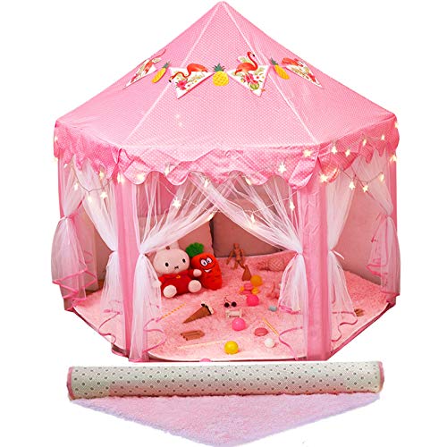 트윙클스타 프린세스 캐슬 놀이텐트 Twinkle Star55x 53 공주 Play Castle Tent 소녀 Playhouse 50 LEDs Star String Lights Ultra 소프트 Rug Banners Decor 어린이 Game House Indoor Outdoor Pink