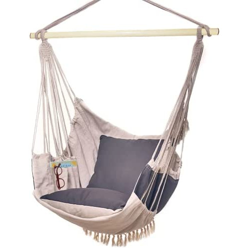 Bdecoru Hanging Hammock Chair Large Swing Chair | Sitting and Reclining Positions | 2-Layer Fabric for Extreme Durability | 2-Tone Beige and Gray Plus 2 Cushions and Side Pocket | Indoor/Outdoor Use