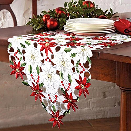 PartyTalk Christmas Embroidered Table Runner, Luxury Holly Poinsettia Table Runner for Christmas Decorations, 15 x 70 Inch