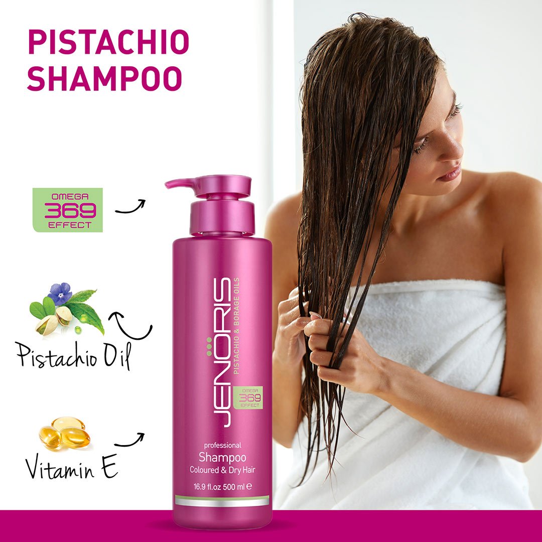 Jenoris Pistachio Shampoo for Colored & Dry Hair 16.9 fl.oz / 500 ml Professional haircare products for men and women; infused with natural oils for maximum hydration and shine. Salon Treatment.