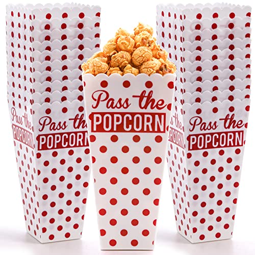 Tebery 21 Pack White Plastic Open-Top Popcorn Boxes, Pink Dots Reusable Popcorn Container Bucket Set for Movie Night Decorations, Home Theater Theme Decor - 7 3/4 Tall x 4 Square
