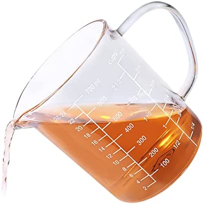 77L Glass Measuring Cup, Clear Liquid Measuring Cup with V-Shaped Spout and Three Scales, High Borosilicate Glass Beaker with Handle for Kitchen or Restaurant, 300 ML (0.3 Liter, 1 1/4 Cup)