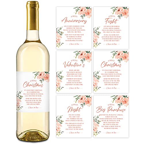 WHING Cute Pink Flowers Wedding Milestones Gift Wine Bottle Labels, Set of 6 Pieces Waterproof Sticker Covers, Bachelorette Firsts Engagement Marriage Wedding Party Milestones Gifts