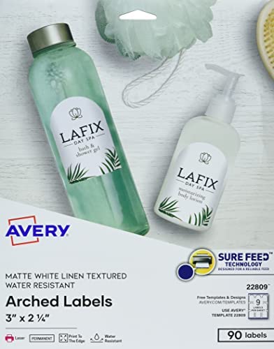 Avery Arched Labels with Sure Feed for Laser Printers, Water Resistant, 3 x 2.25, 90 Labels (22809)