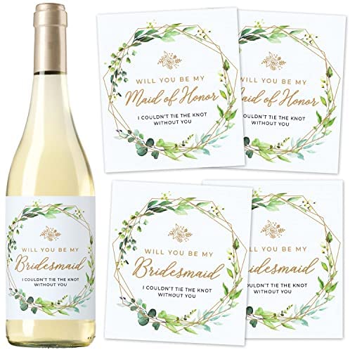 Set of 8 Wine Bottle Labels, 6 Bridesmaid Labels and 2 Maid of Honor Labels, for Bridesmaid Proposal, Bridal Party Favors, Ideas, and Gifts