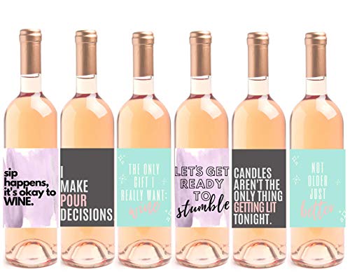 6 Fun Birthday Wine Bottle Labels or Stickers Present, Bday Gifts For Women, Funny Watercolor Party Decorations Supplies For Wife, Girl, Mom, Perfect for 21st, 25th, 30th, 40th, or Any Birthday