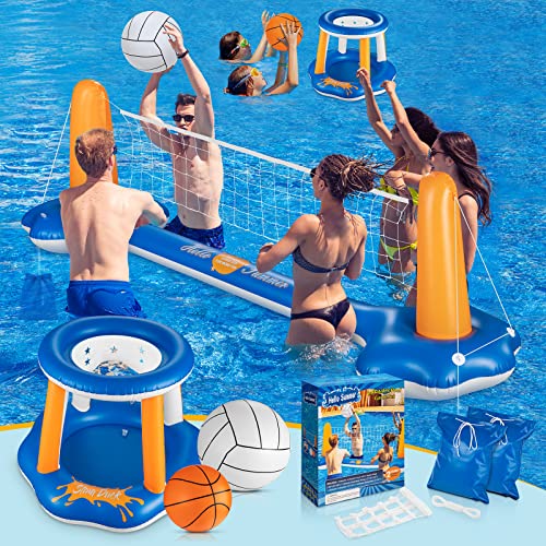 Pool Volleyball Set & Basketball Hoop - 125 Larger Pool Volleyball Net for Inground Includes 2 Balls & 2 Weight Bags, Pool Toys Games for Adults and Family Kids 8-12 - Volleyball Court(125u201Dx38u201Dx30u201D)
