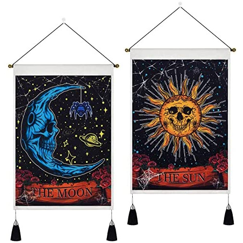 Pack of 2 Moon and Sun Tarot Card Tapestry The Sun Moon Tapestry Skull Floral Tapestry Psychedelic Stars Spider Insect Tapestries Black Celestial Tapestry Wall Hanging for Room(13.8 x 19.7 inches)