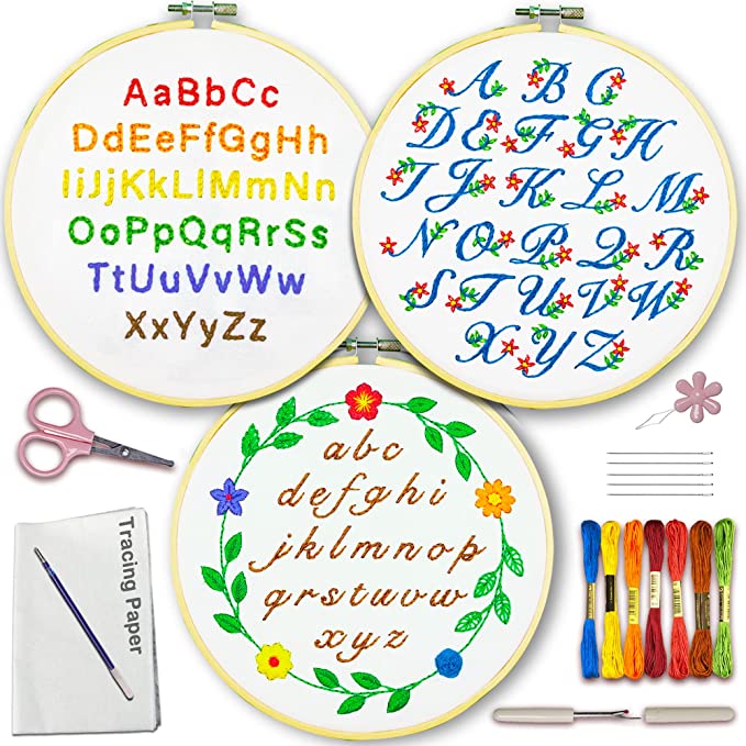 브라도브 3세트 알파벳 자수 키트 패턴이 있는 초보자용 글자 성인용 손 어린이용
