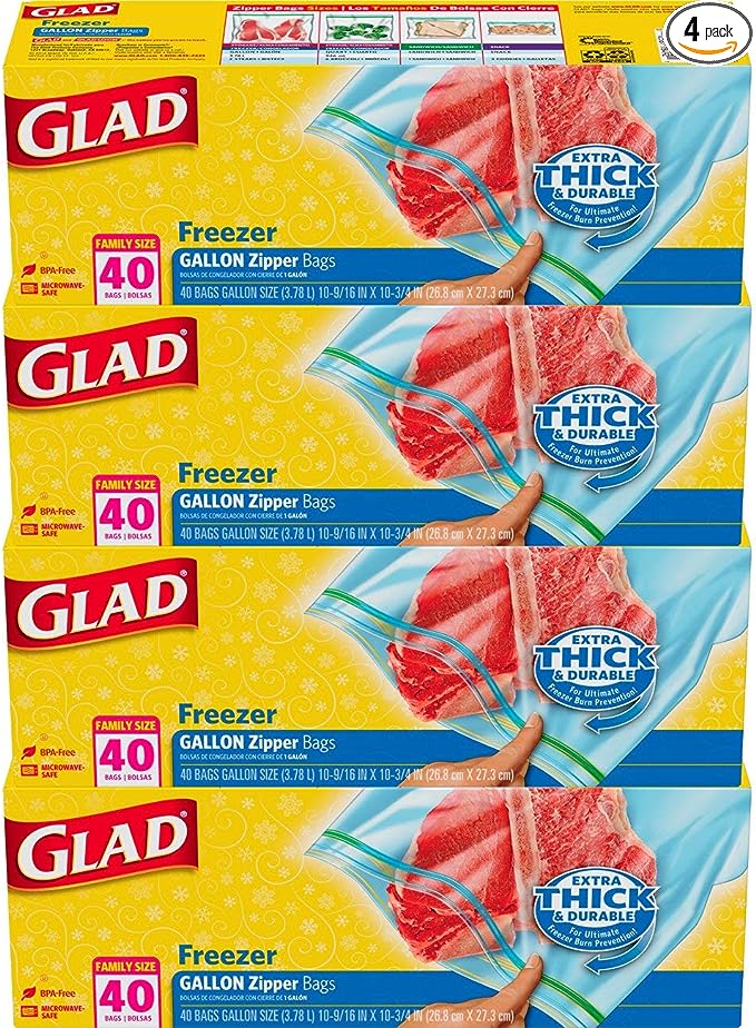 GLAD Zipper Freezer Storage Plastic Bags, Gallon Bags, On-the-Go Snack and Lunch Bags, Zipper Food Sealer, Microwave Safe, BPA Free, 40 Count, Pack of 4 (Package May Vary)
