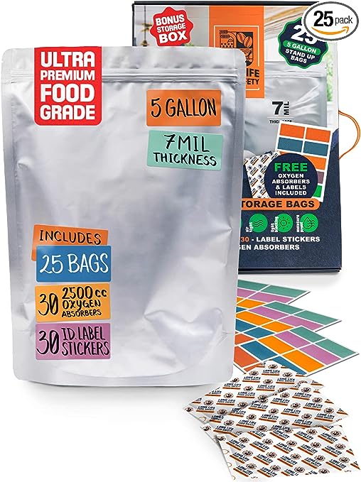 5 Gallon Bundle (25 bags) Mylar Bags For Food Storage | Includes Oxygen Absorbers, Sticker Labels, & Storage Box | 3-Layer Stand Up Food Safe Container - Silver (Gusset) - 27 in x 17 in