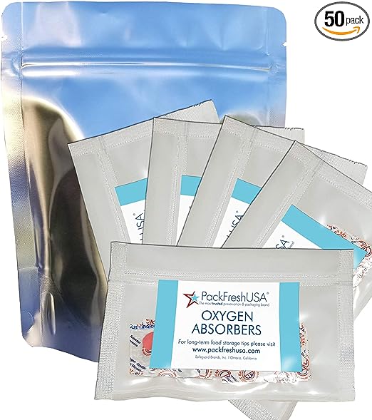 PackFreshUSA: 50 Pack - 7 Mil - Pint Seal-Top Stand Up Mylar Bags - 100cc High Capacity Oxygen Absorbers - Heat Seal - Long-Term Food Storage