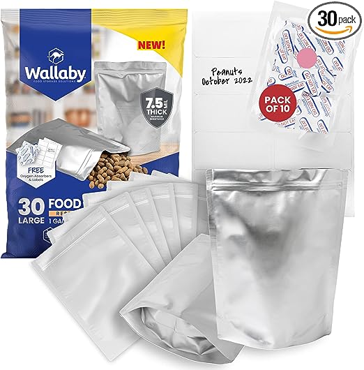 Wallaby 30х 1 Gallon Mylar Bag 7.5 mil for Food Storage with 400cc Oxygen Absorbers & Labels - 10