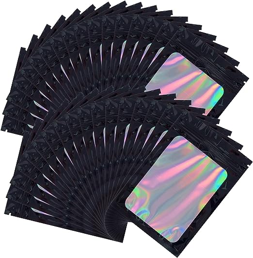 100 Pieces Smell Proof Mylar Bags- Resealable Holographic Packaging Pouch Bag with Clear Window for Food Storage Eyelash Jewelry Electronics Storage (Black, 5.5 x 7.8 Inch)