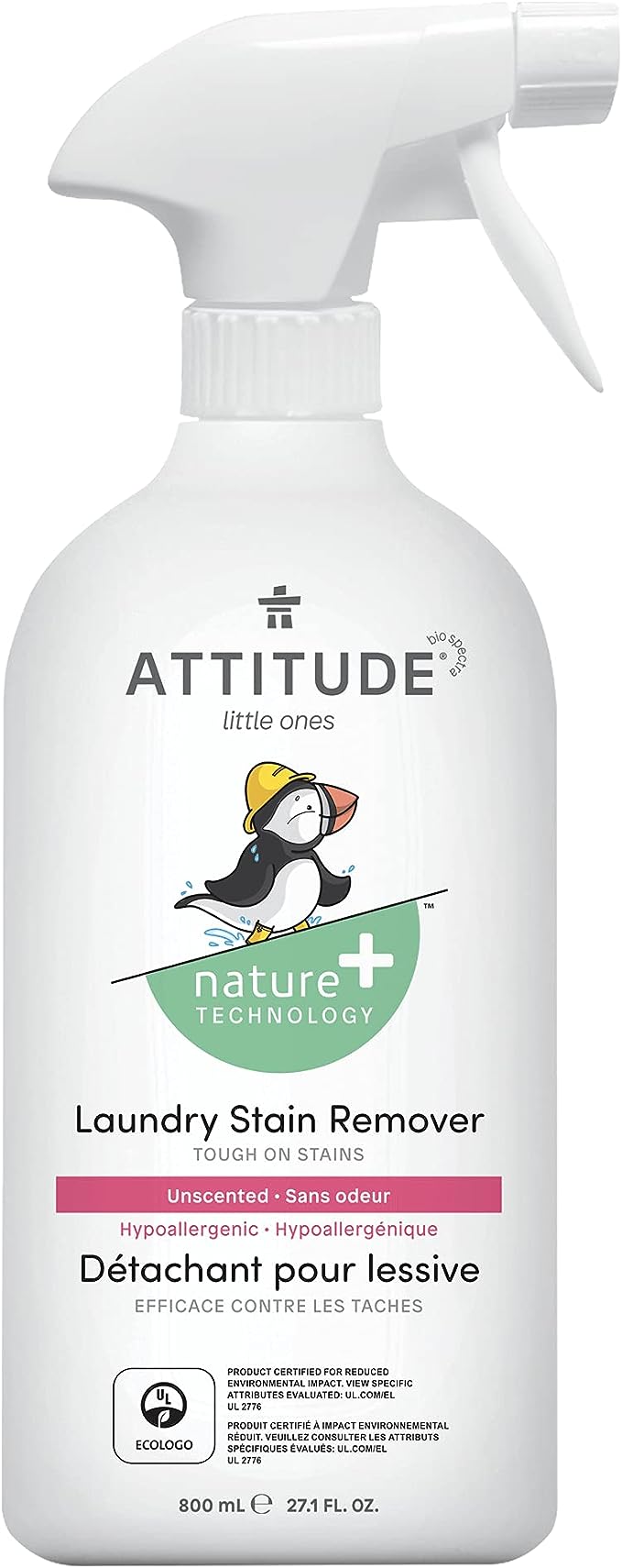 ATTITUDE Laundry Stain Remover Baby Clothes Plant Mineral-Based Ingredients Vegan Cruelty-free Household Products Hypoallergenic Unscented 27 Fl Oz