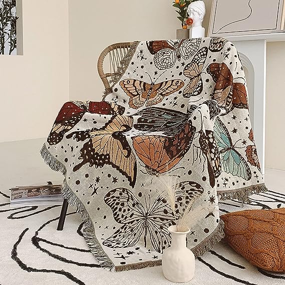 Shesyuki Boho Throw Blanket Reversible Cotton Bohemian Tapestry Hippie Room Decor Double Sided (Month Moth Print 50x60)