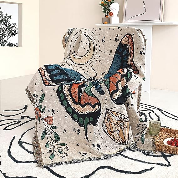 Shesyuki Boho Throw Blanket Reversible Cotton Bohemian Tapestry Hippie Room Decor Outdoor Double Sided (Month Moth White, 50x60)