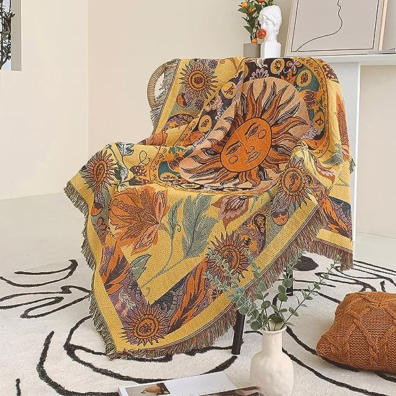 Shesyuki Boho Throw Blanket Reversible Cotton Bohemian Tapestry Hippie Room Decor Outdoor Double Sided (National Sun Pattern Yellow 50x60)