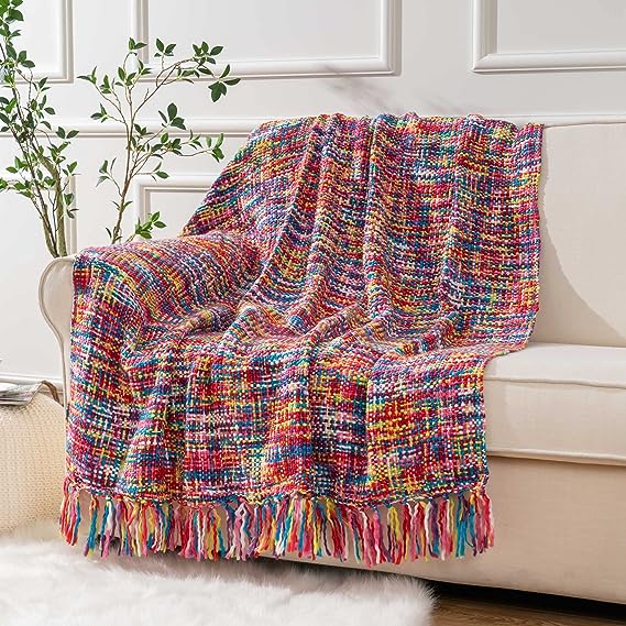 BATTILO HOME Multicolor Throw Blanket with Tassels, Home Decorative Colorful for Couch, Boho Blankets Sofa, Bed Thows Foot of Bed, 50x60