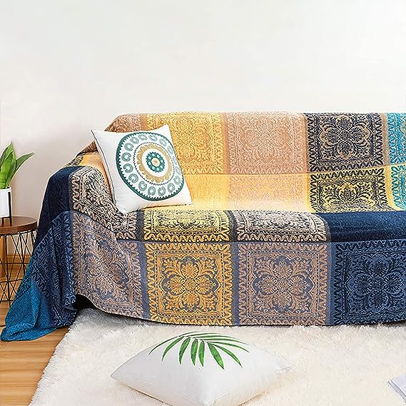 CaptainRay Bohemian Tribal Throws Blankets Reversible Colorful Red Blue Boho Hippie Chenille Jacquard Fabric Throw Covers Large Couch Furniture Sofa Chair Loveseat Recliner Oversized (Blue, L:102X87)