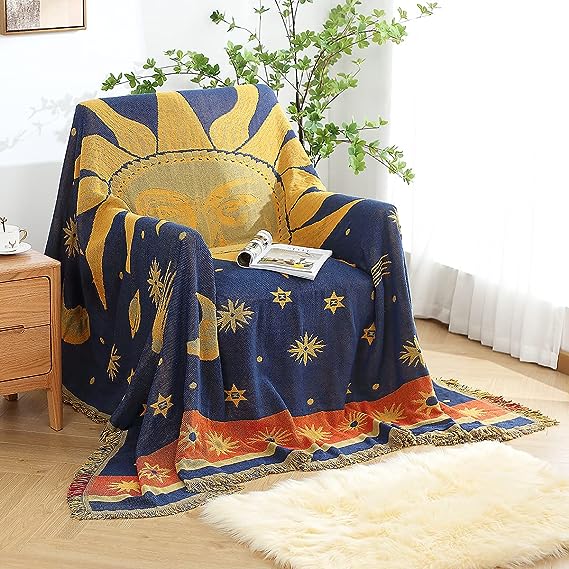 amorus Throw Blanket for Sofa Bed Chair with Decorative Tassels, 70 X 90 Reversible Tapestry Couch Cover - Sun Moon Stars, Yellow/Blue