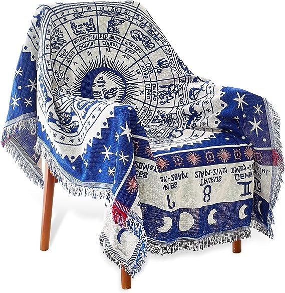 MayNest Boho Woven Throw Blanket Reversible Cotton Bohemian Tapestry Hippie Room Decor Witchy Astrology Zodiac Celestial Constellation Carpet Bed Chair Couch Sofa Cover Double Sided (Blue, S: 71x51)