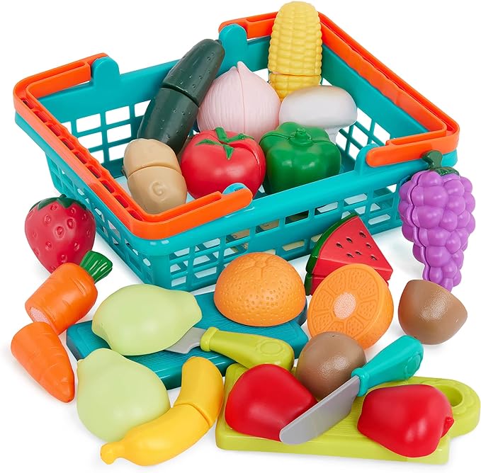 Battat Play Food for Toddlers with Farmers Market Basket and Chopping Board, Toy Kids Kitchen Pretend Ages 3+ (37 Pcs)