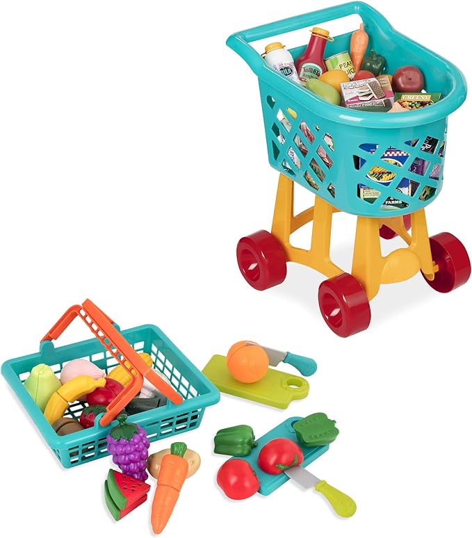 Battat - Toy Shopping Cart with Basket, Pretend Play Food, & 2 Cutting Boards for Kids 3 Years + (60Pc)