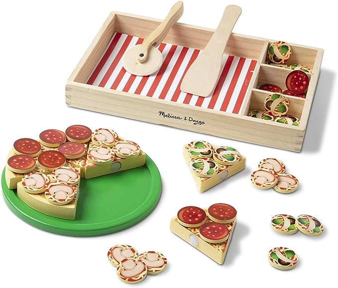 Melissa & Doug Wooden Pizza Play Food Set With 36 Toppings - Pretend And Cutter/ Toy For Kids Ages 3+