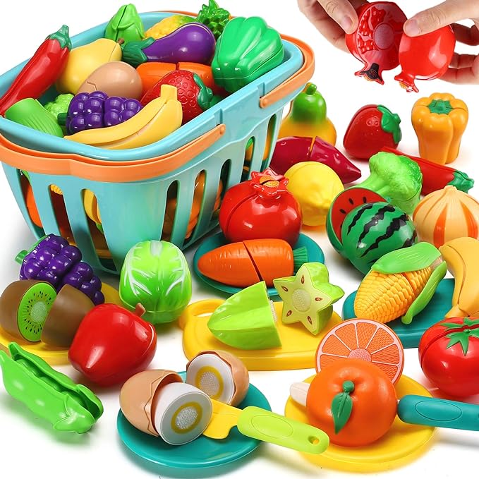 70 PCS Cutting Play Food Toy for Kids Kitchen, Pretend Fruit &Vegetables Accessories with Shopping Storage Basket, Plastic Mini Dishes and Knife, Educational Toddler Children Birthday Gift