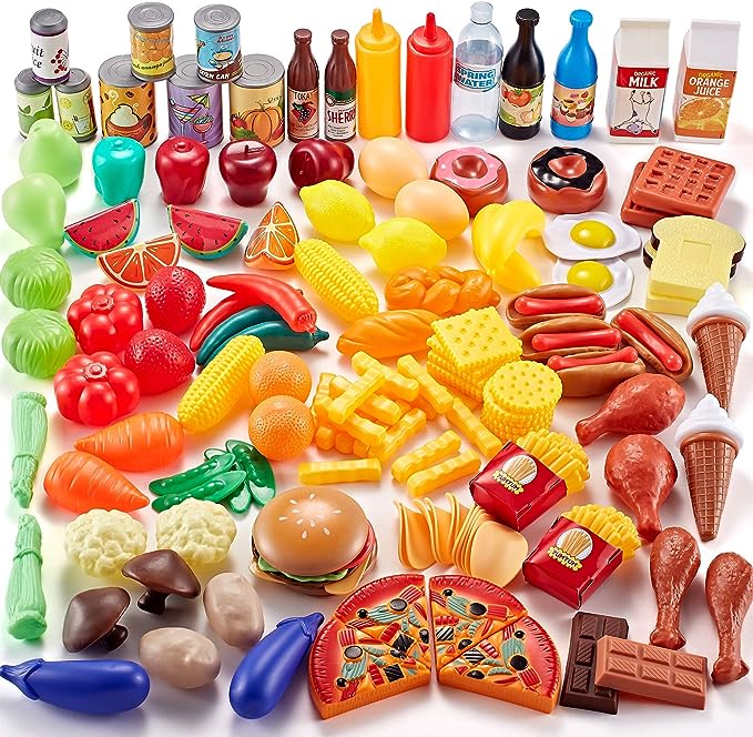 Shimfun 143 Piece Play Food for Kids Kitchen - Toy Assortment Pretend Toddler Bonus Water Bottle + Deluxe Color Box Packaging Storage Bag