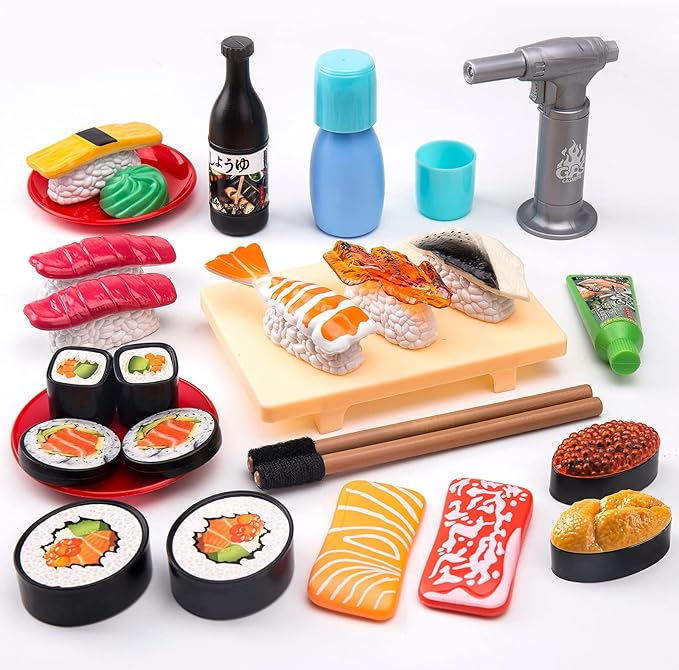 Sushi Slicing Play Food Set, 34Pcs, Funpynani 3+ Ages LED Light with Color Changing Pretend Toys Accessories Velcro for Kids, Kitchen Toddlers, Learning Gift Girls Boys
