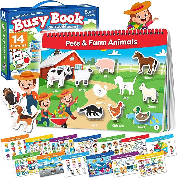 Montessori Busy Book for Toddlers Ages 3 and Up - Pre K Preschool Learning Activities Autism Sensory Kindergarten Educational Toys Year Old , 3-4 4-8 5-7
