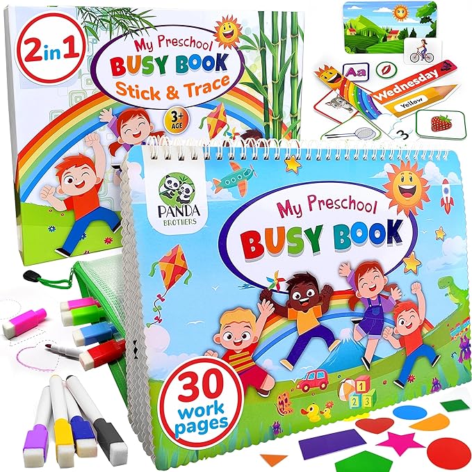 Panda Brothers Toddler Busy Book, Montessori Toys for 3 4 5 Years, Preschool Learning Activities, Educational Toddlers, Gift Coloring Book and Materials, Toy