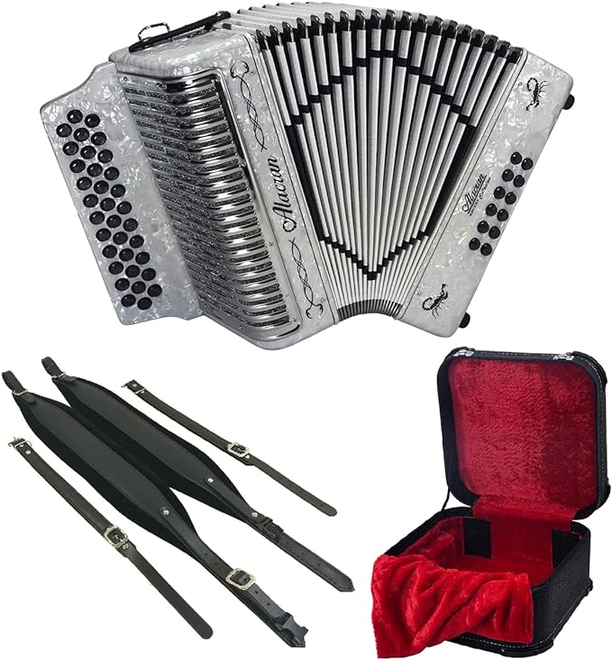 Alacran NAL3412 DLX Accordion Package: 34 Button, 12 Bass Accordion with Case and Straps (Sol/GCF, White Pearl)