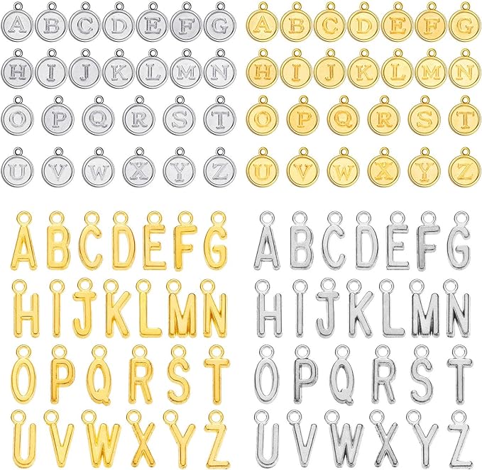 104 Pcs/4 Sets Gold Letter Charms Alphabet ABC A-z Silver Pendants for DIY Bracelet Necklace Jewelry Making Crafting,2 Colors and 4 Styles