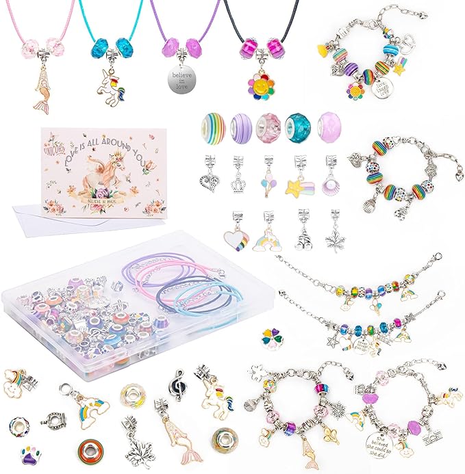 MYGTCIS Charm Bracelet Making Kit for Girls Beaded Crystal DIY Teen Age 4-12 Unicorns Set with Card and Storage Box