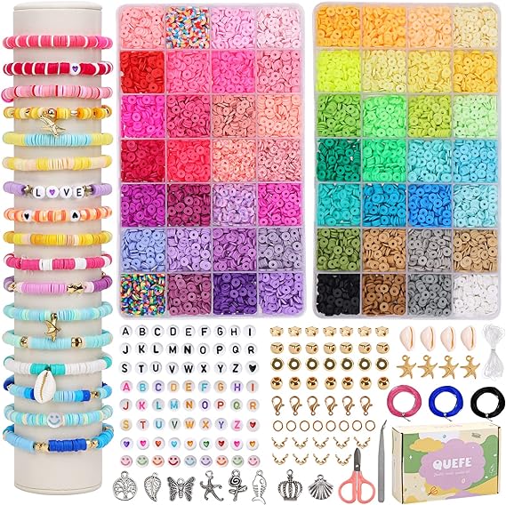 QUEFE 7580pcs 56 Colors Clay Beads for Jewelry Making, Polymer Heishi Gifts, Charm Bracelet Making Kit Girls 8-12