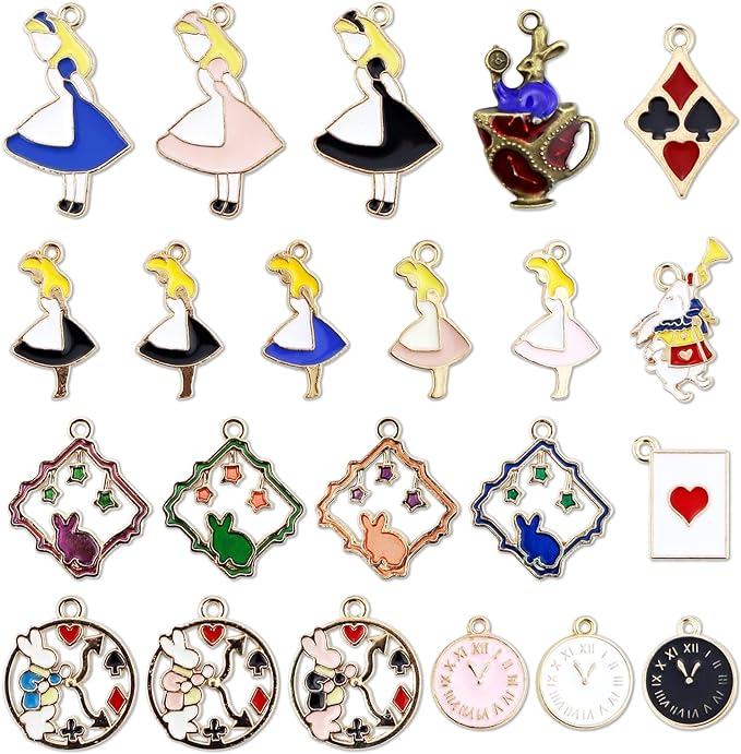 JIALEEY 19PCS Assorted Gold Plated Enamel Alice in Wonderland Wreath Charm Pendant DIY for Necklace Bracelet Jewelry Making and Crafting