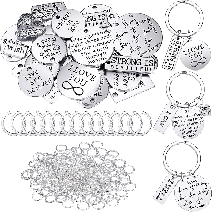 Hicarer 259 Pieces Inspirational Motivational Keychains Charms Bulk Words with Open Jump Key Rings for Various DIY Necklaces, Bracelets