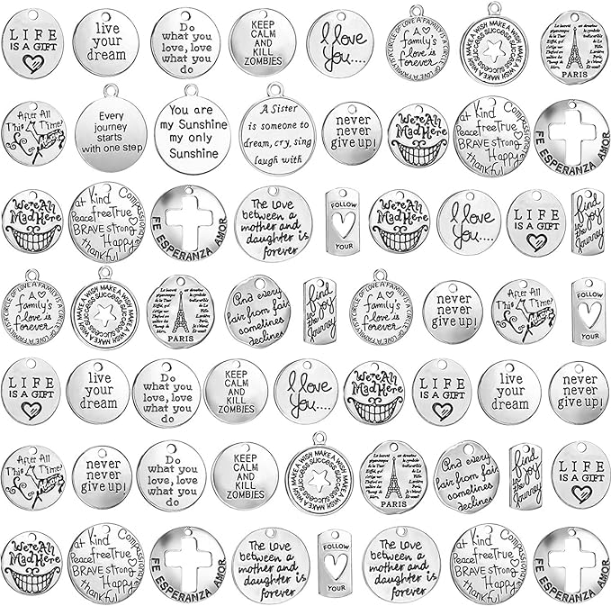 Hicarer 60 Piece Inspiration Words Charms Craft Supplies Pendants Beads for Jewelry Making Crafting Findings Accessory DIY Necklace Bracelet