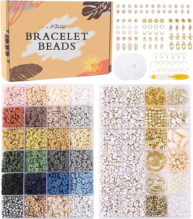 ADIIL 7200 Pcs Clay Beads Bracelet Making Kit, 24 Neutral Colors 6mm Flat Polymer for Jewelry Making, Friendship Heishi with Spacer Letter Gift Adults Girls Kids