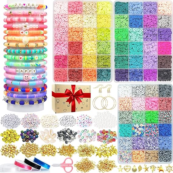 72+ Colors Clay Beads for Bracelets Making, 12460pcs Bead Kit, Polymer Heishi Flat DIY Necklace Jewelry Making with Letter Charms Elastic Strings