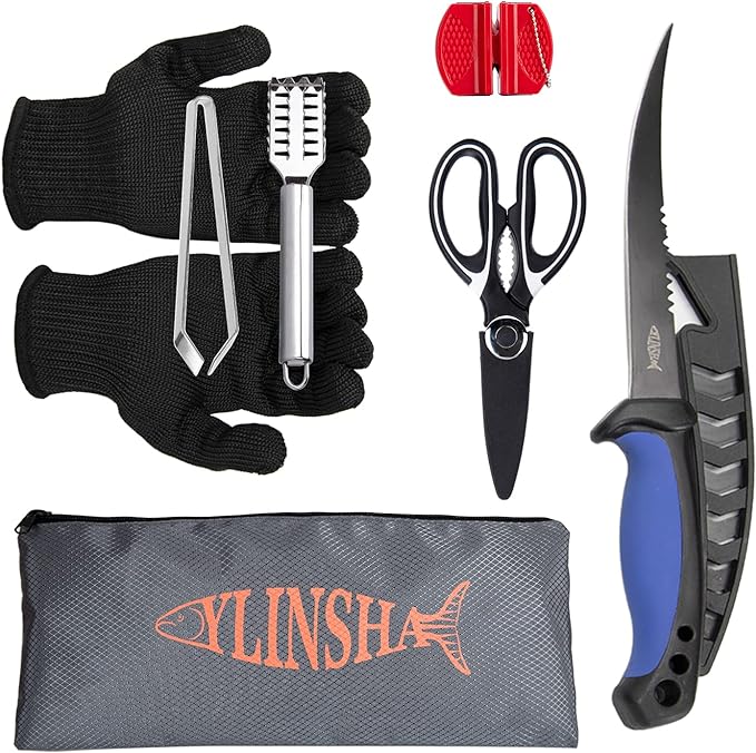 ylinsha Fishing Knife,Fish Cleaning Kit 7 PC set Fish Knife, Fish Scale Cleaning Brush, multi-functional Scissors, anti-cutting Gloves, Fishbone Tweezers, storage Bag