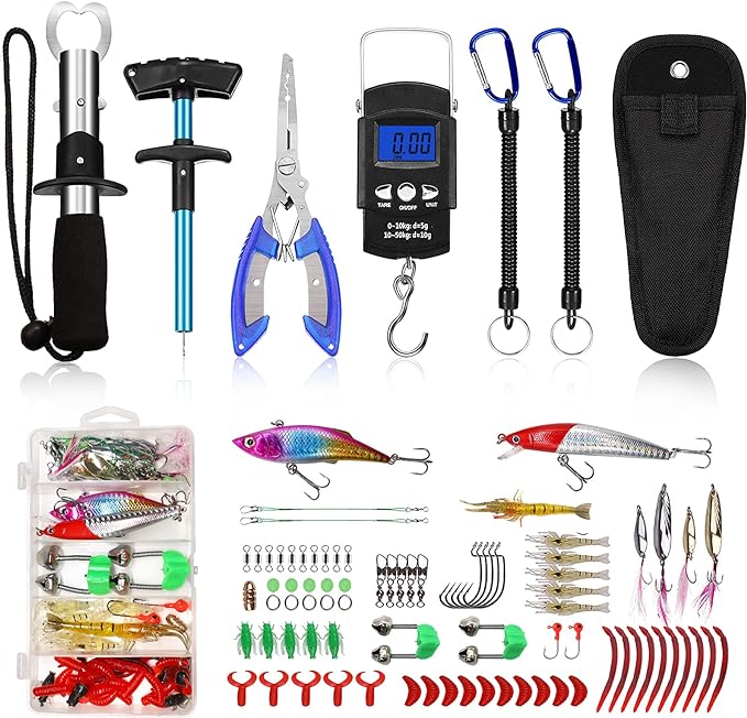 Fishing Tool Kit for Beginners, Fishing Pliers with Sheath, Fish Hook Remover Tool, Fish Lip Gripper, Digital Fish Scale, 2 Fishing Lanyards and Fishing Lures, Fishing Gear Kit, Tackle Accessories