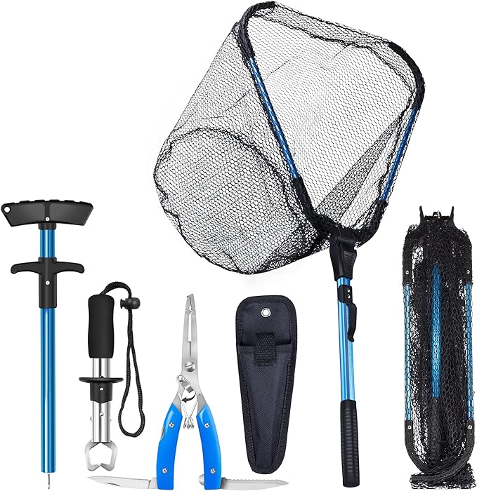 Bombrooster Fishing Landing Net, Pliers, Hook Remover, Fish Gripper Kit,Kayak Accessories for Fishermen