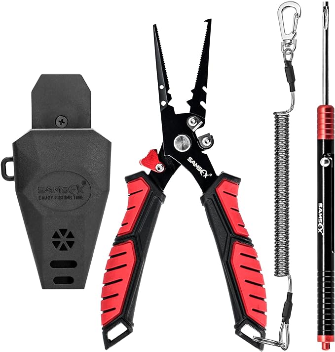 SAMSFX Fishing Pliers Fishing Gear with Rubber Handle, Lanyard, Braided Line Cutter and Sheath, Ice Fishing Gear, Fishing Gifts for Men